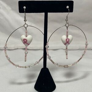 Breast Cancer Awareness Pink Ribbon Handmade Beaded Hoop Earrings
